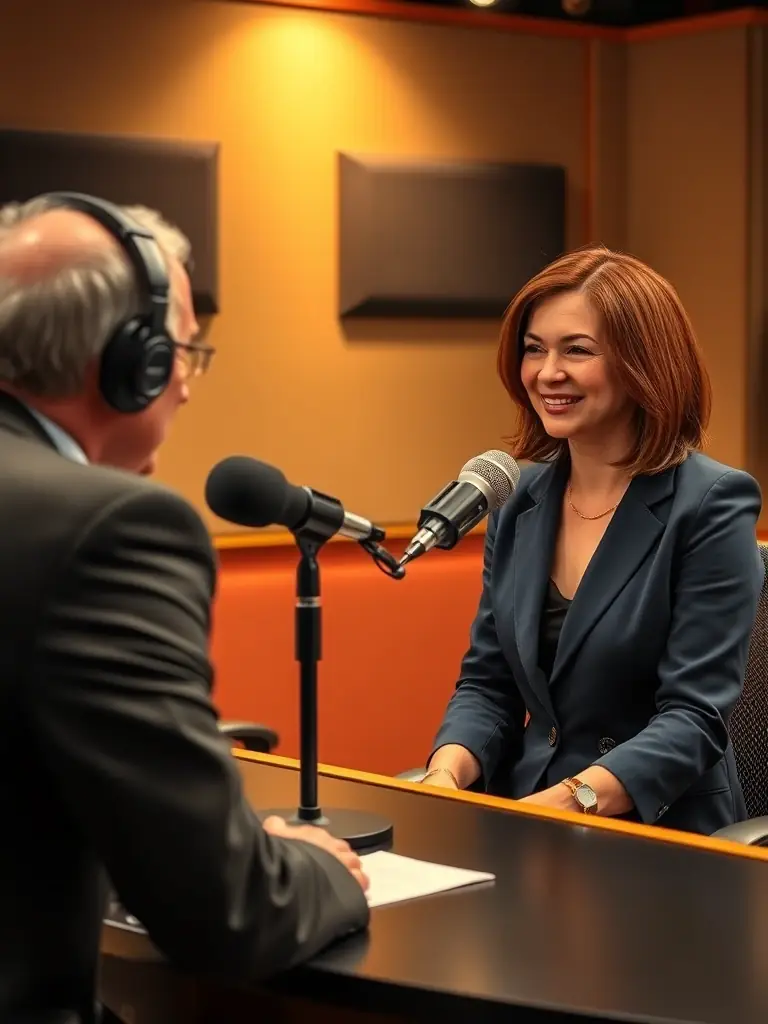 A dynamic image of a female host interviewing a local politician in a studio setting, capturing the essence of 'Jeffco Politics Today'.