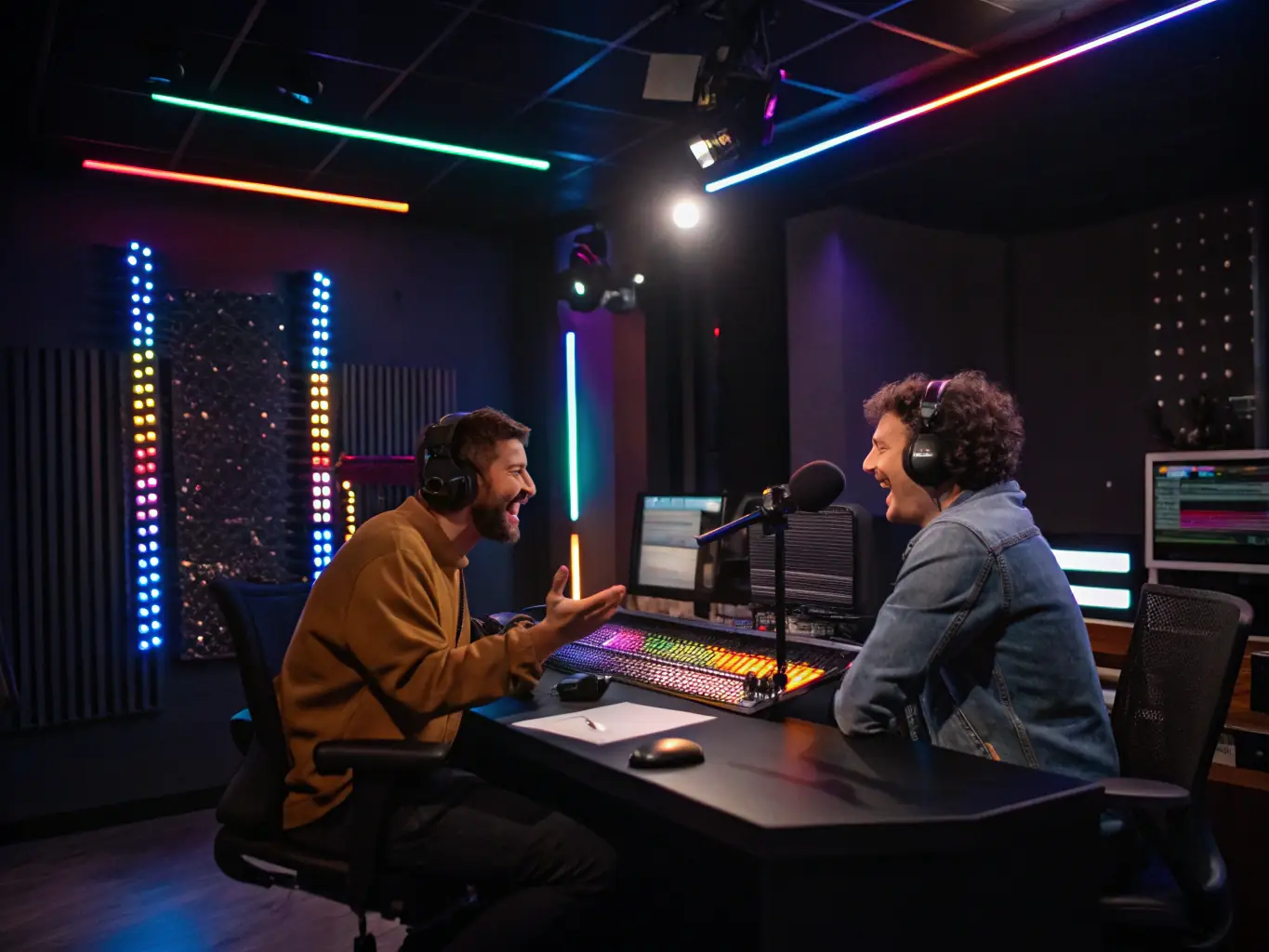 A dynamic image showcasing a live radio broadcast, with hosts engaging with callers and discussing current events, capturing the energy of a live show on MY Patriot Radio Network.